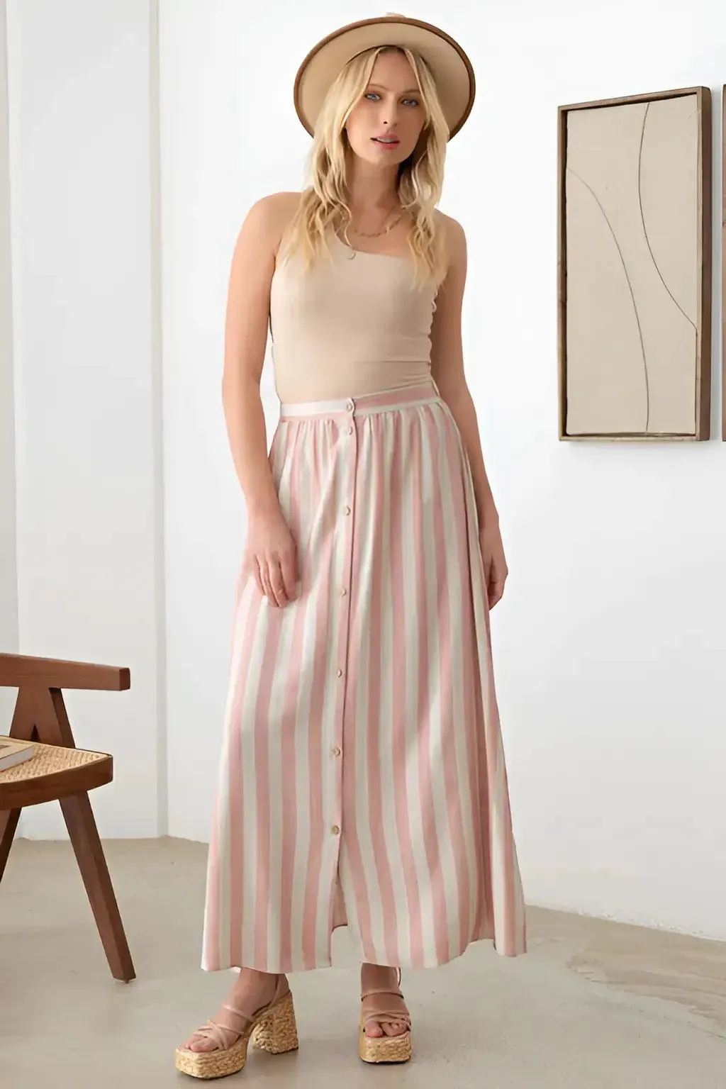 BOHO FRONT BUTTON STRIPE MAXI SKIRT