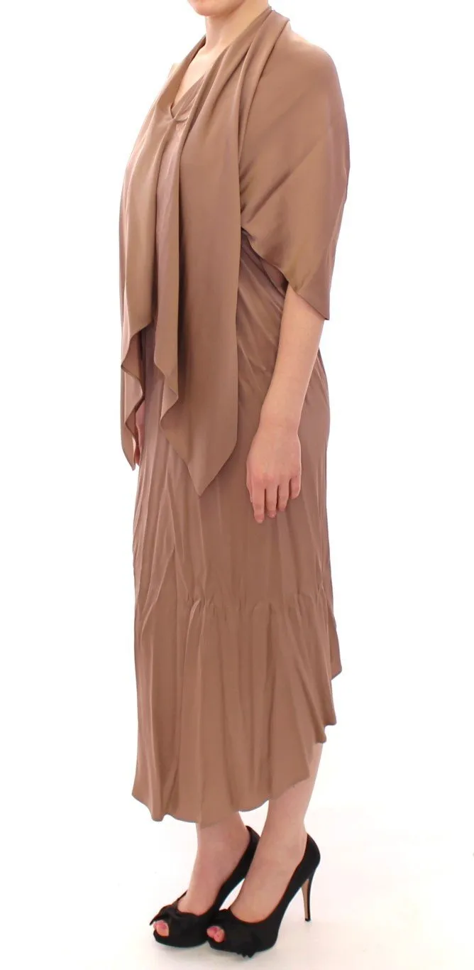 Brown Draped Silk Sheath Shift Cocktail Dress