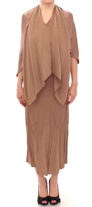 Brown Draped Silk Sheath Shift Cocktail Dress