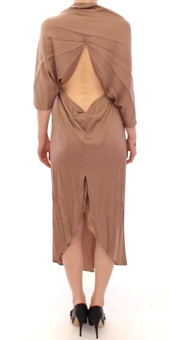 Brown Draped Silk Sheath Shift Cocktail Dress