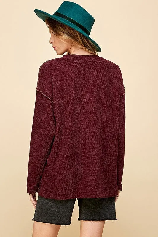 Burgundy Plus Button Up Long Sleeve Knit Loose Top 10/8/24 9087
