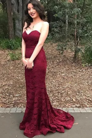 Burgundy Prom Dress Mermaid Sweetheart Strapless Lace Evening Dresses