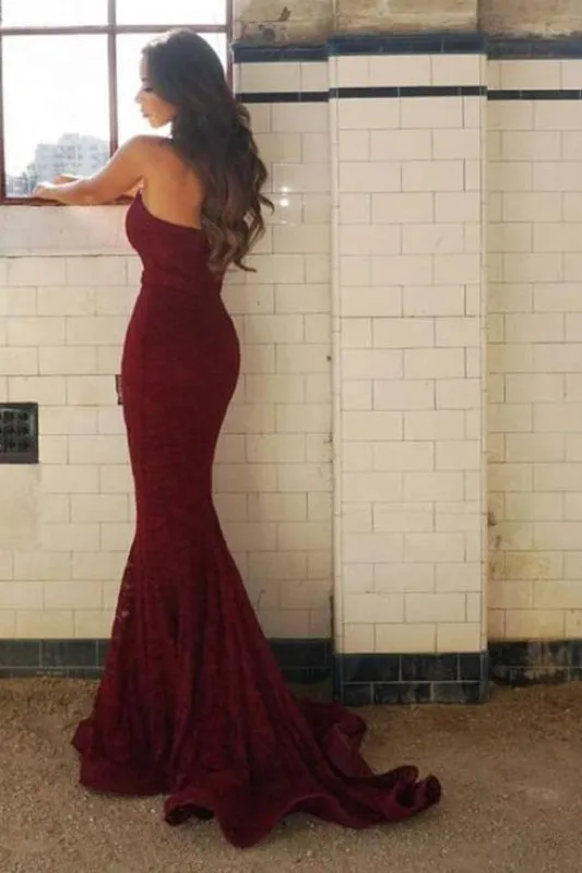 Burgundy Prom Dress Mermaid Sweetheart Strapless Lace Evening Dresses