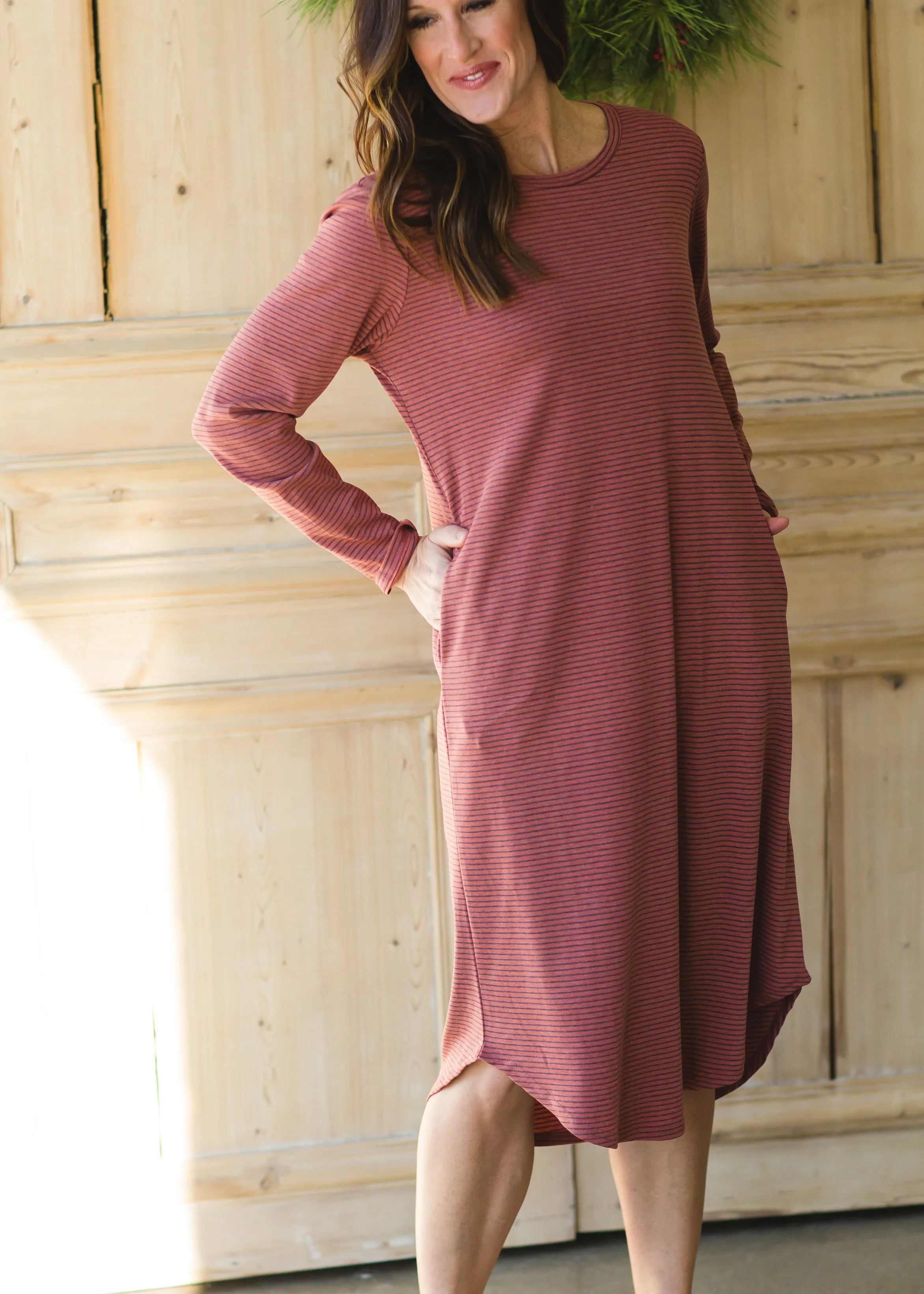 Burgundy Striped Long Sleeve Knit Dress - FINAL SALE