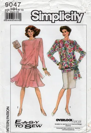Butterick 9047 Womens Long Asymmetric Top & Slim or Tulip Skirt 1980s Vintage Sewing Pattern Size 6 - 12 UNCUT Factory Folded