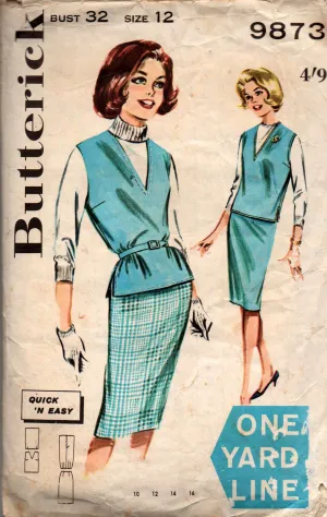 Butterick 9873 Womens EASY One Yard Overblouse & Skirt 1960s Vintage Sewing Pattern Bust 32 or 34 inches
