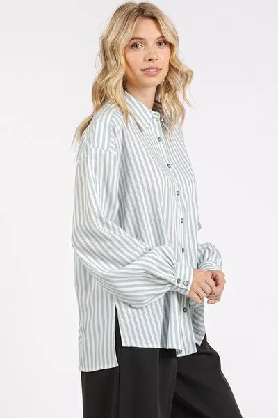 Button Down Sage Green Striped Long Sleeve Shirt