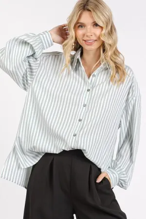Button Down Sage Green Striped Long Sleeve Shirt