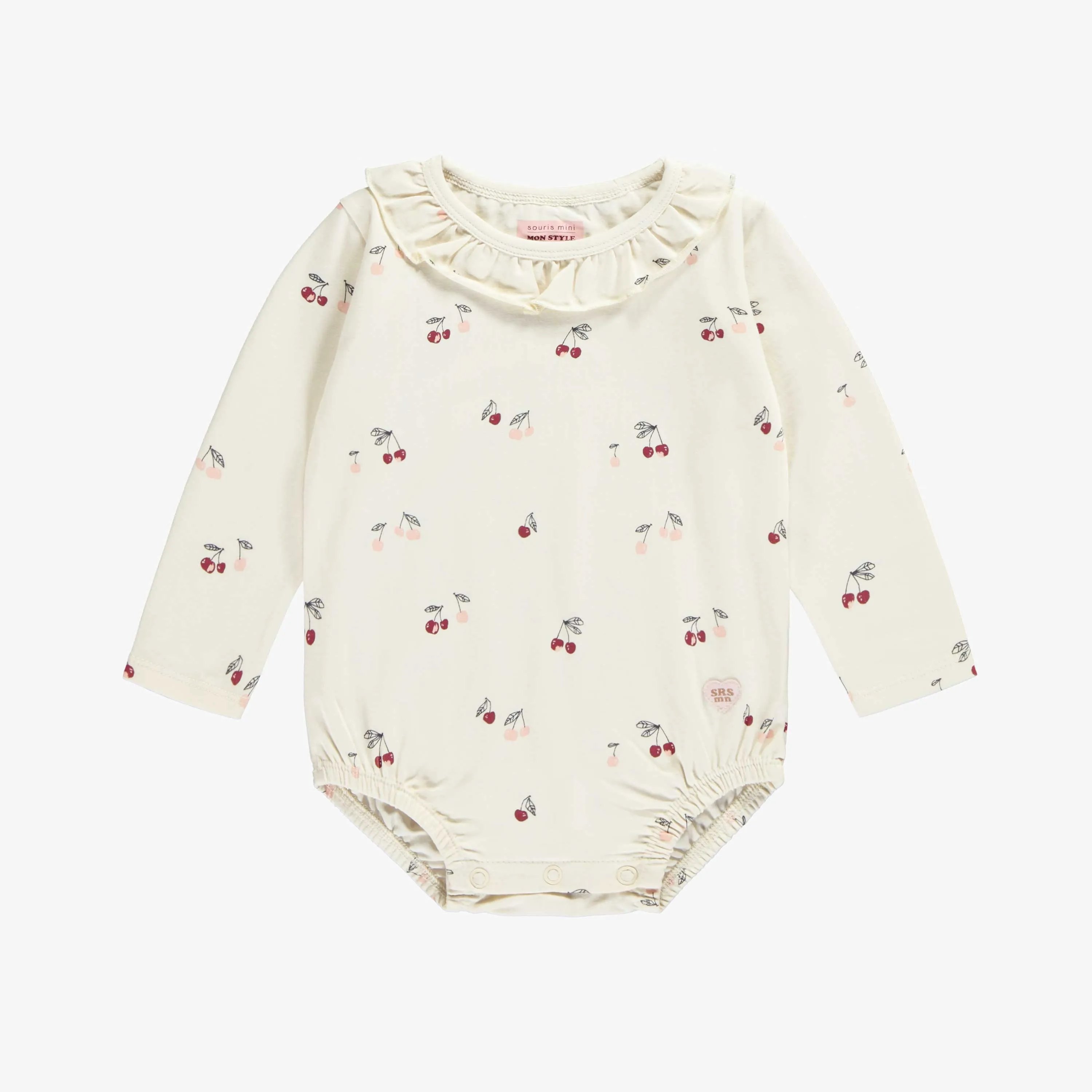 Cache-couche crème au motif de cerises en flanelle, bébé || Cream bodysuit with cherries pattern in flannel, baby