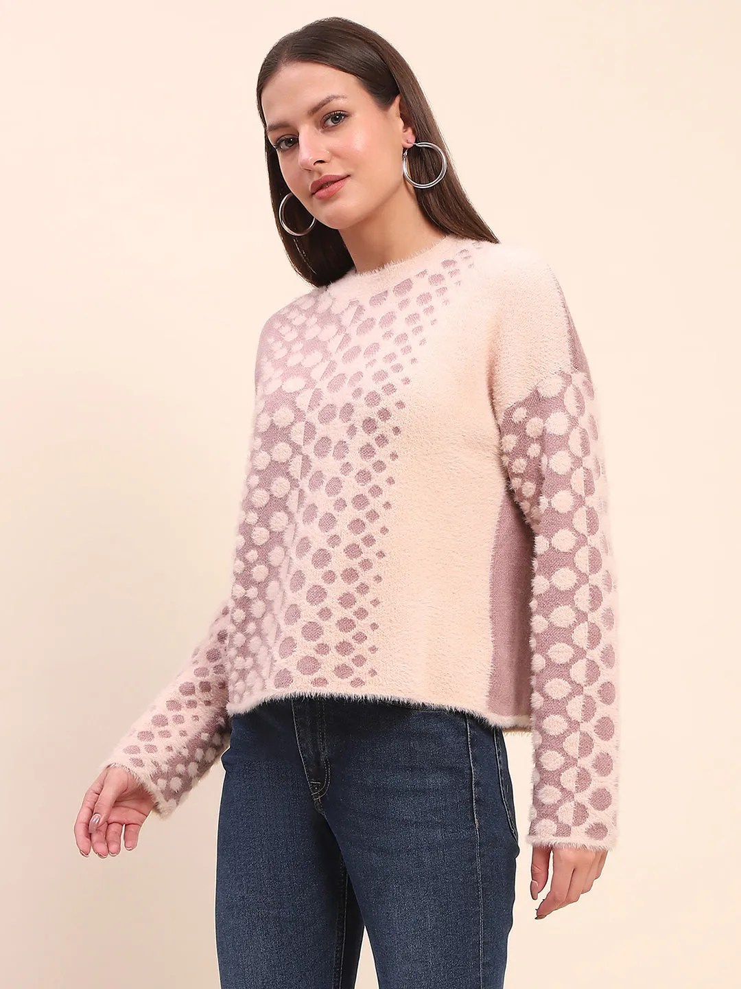 Camla Barcelona Nylon Blend Self Design Peach Sweater