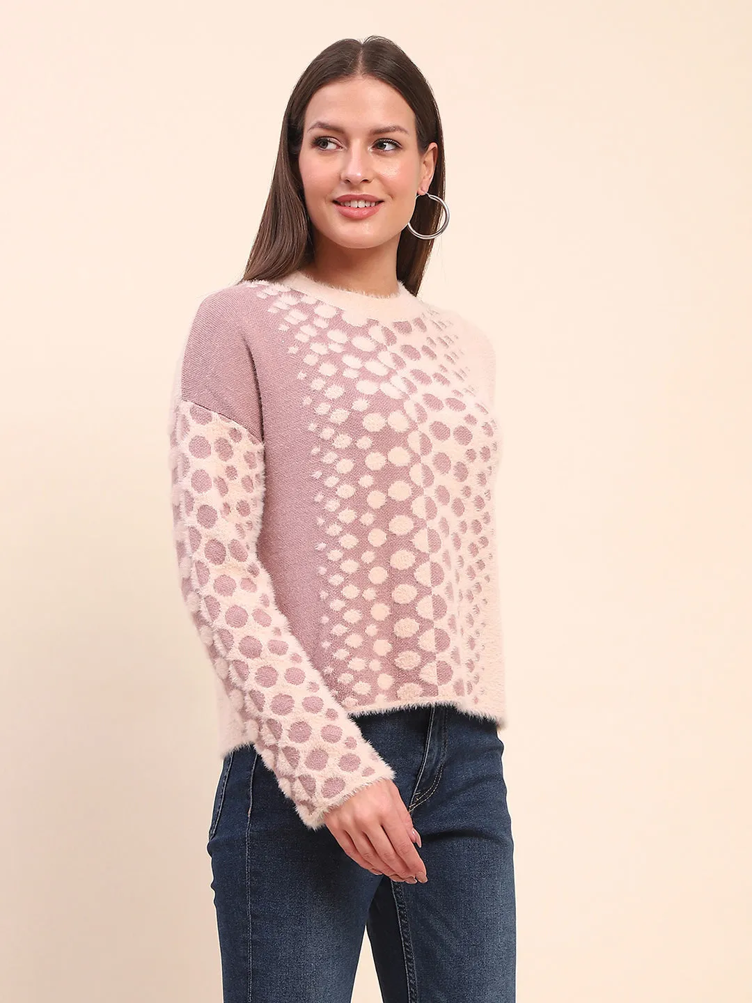 Camla Barcelona Nylon Blend Self Design Peach Sweater
