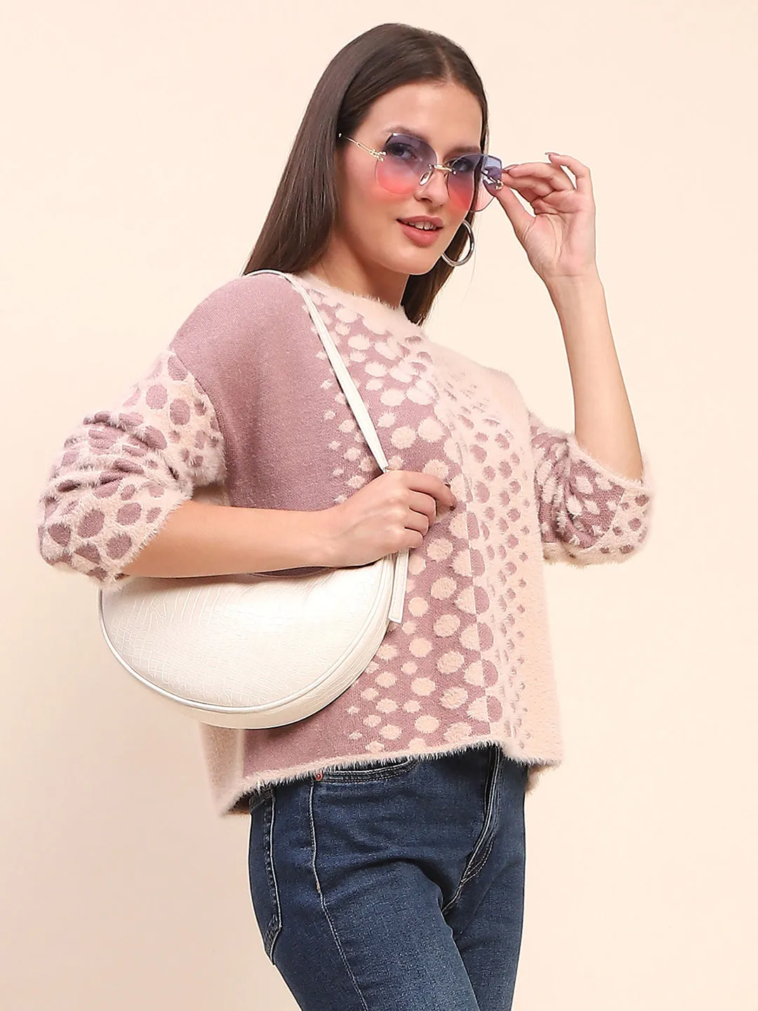 Camla Barcelona Nylon Blend Self Design Peach Sweater