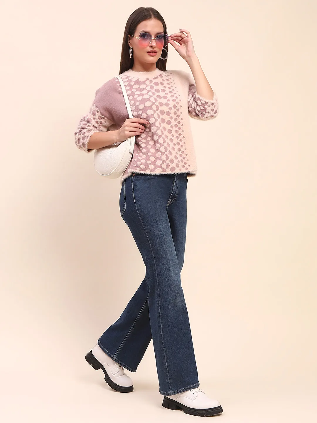 Camla Barcelona Nylon Blend Self Design Peach Sweater