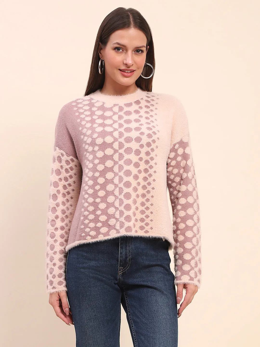 Camla Barcelona Nylon Blend Self Design Peach Sweater