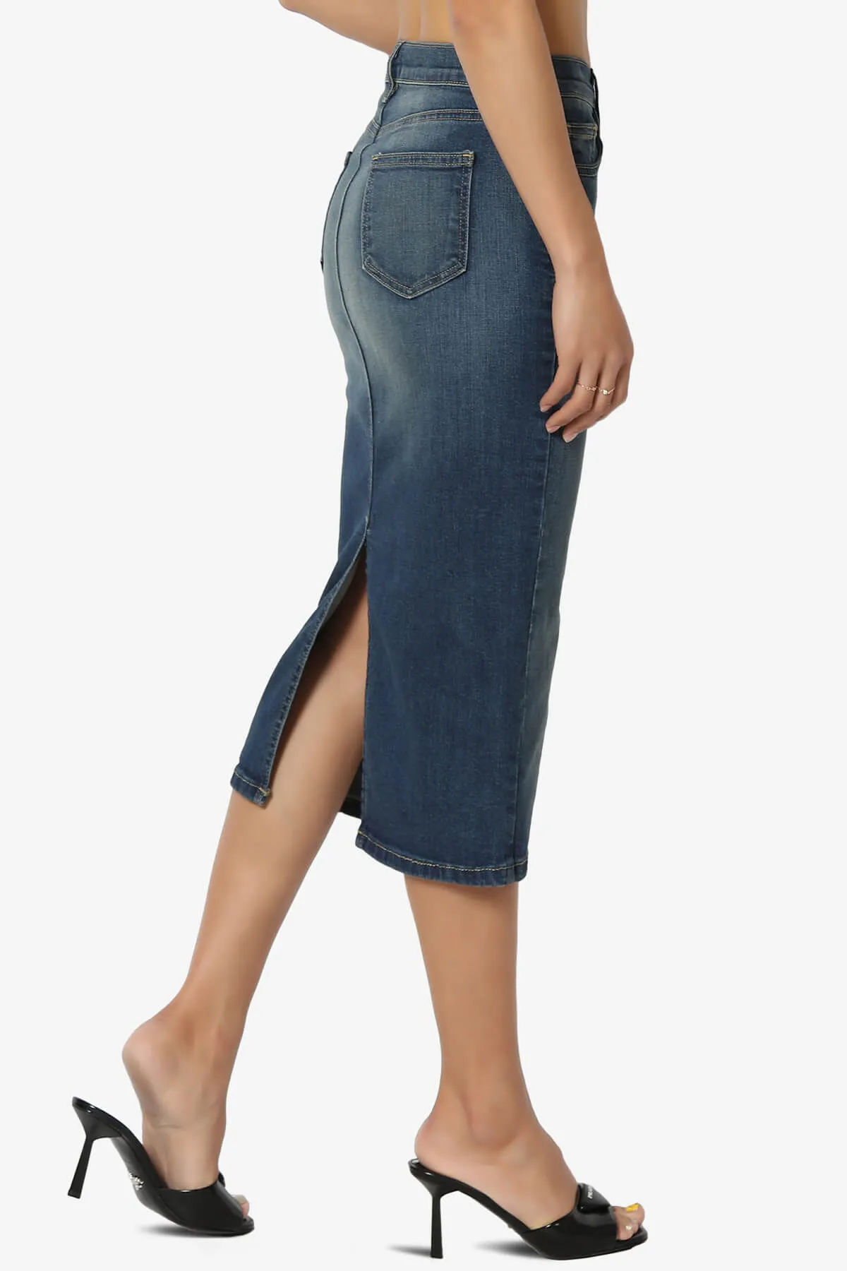 Celvin Washed Denim Pencil Midi Skirt