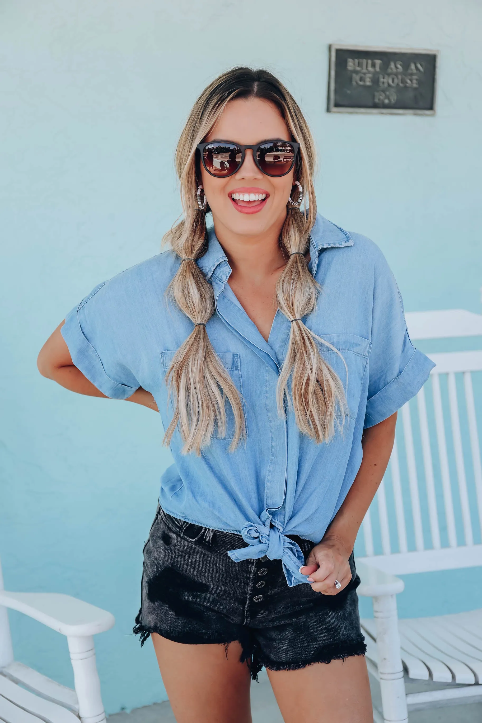 Chambray Twist Button Up Top