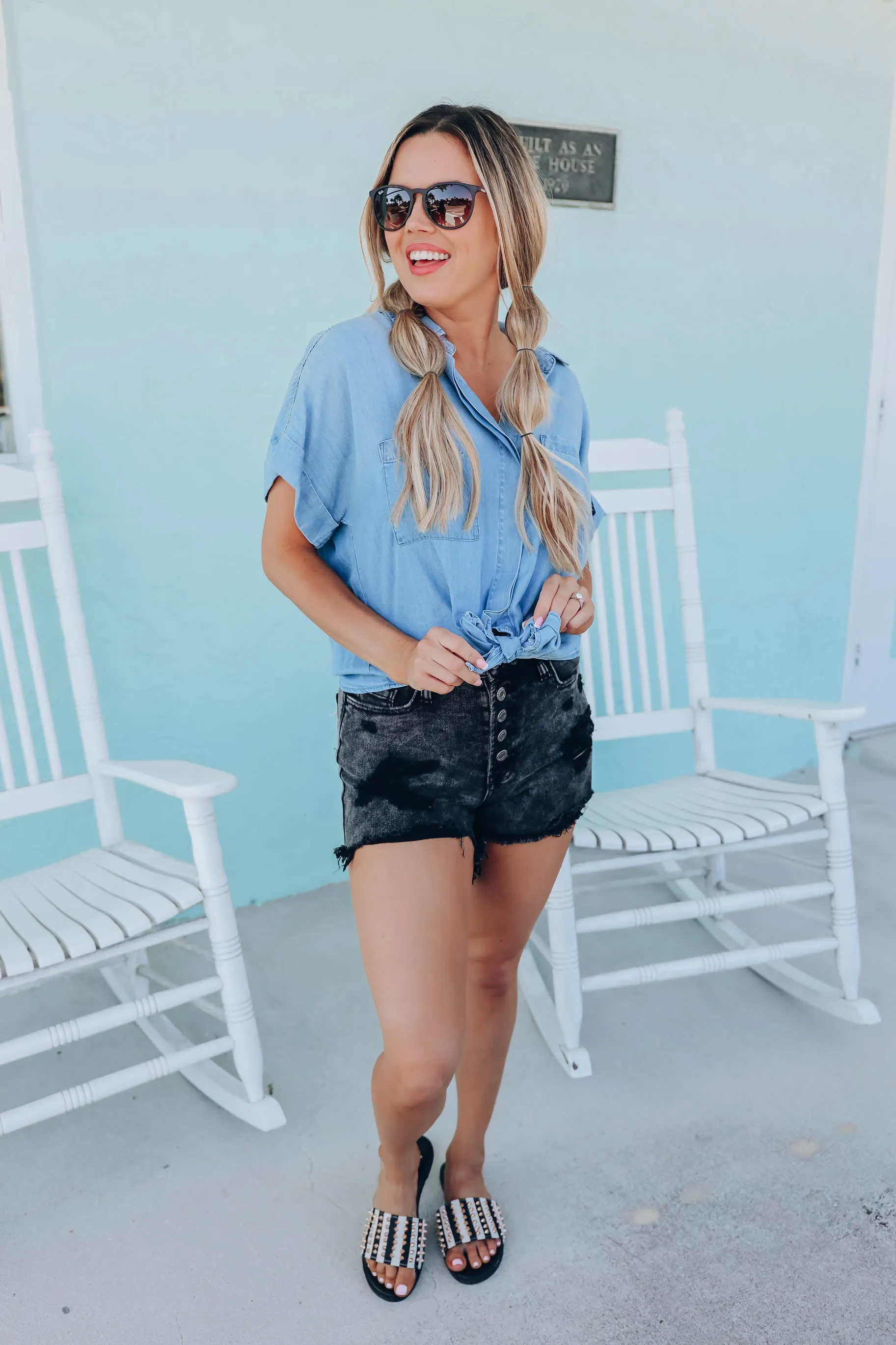 Chambray Twist Button Up Top