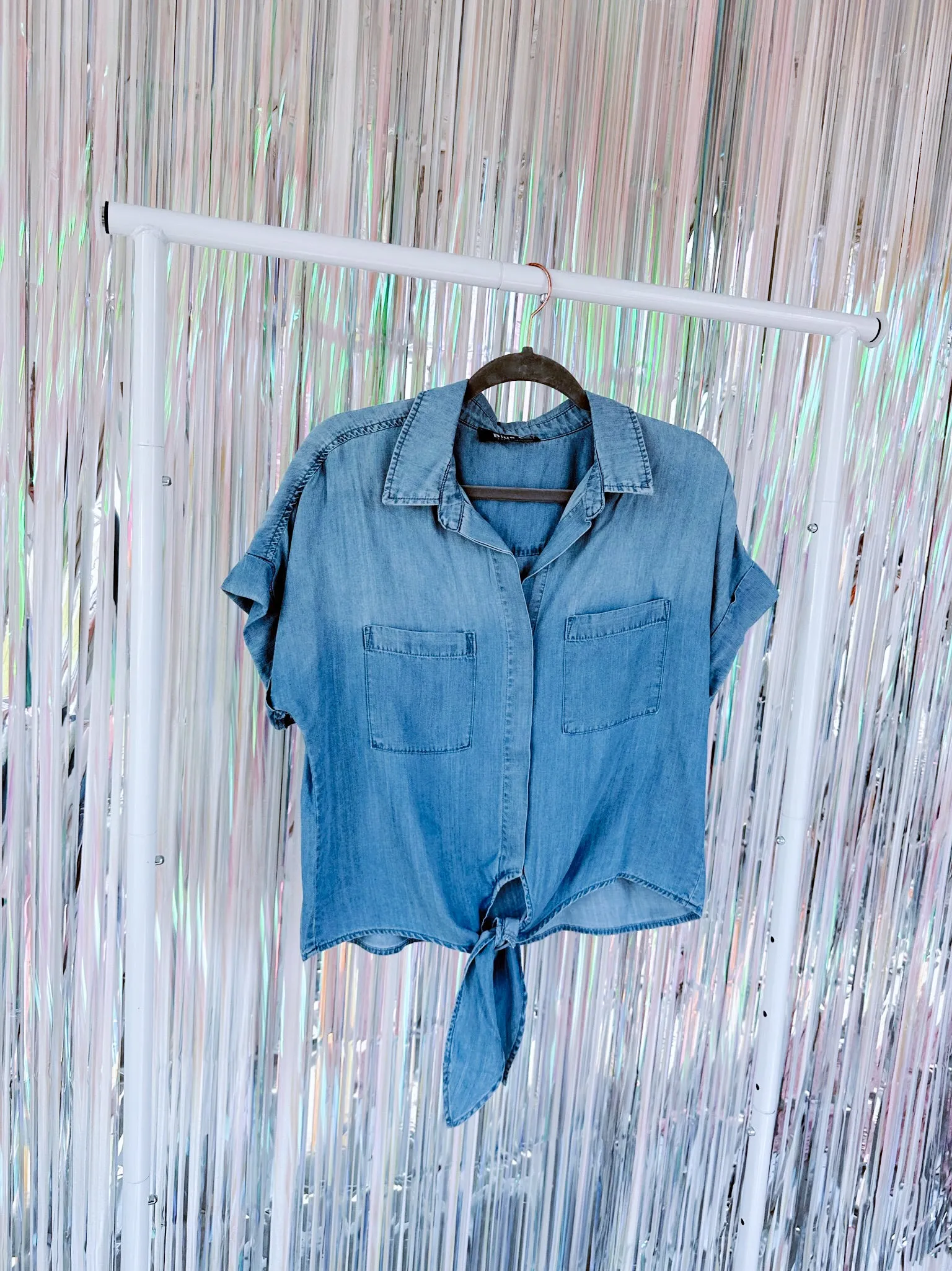 Chambray Twist Button Up Top