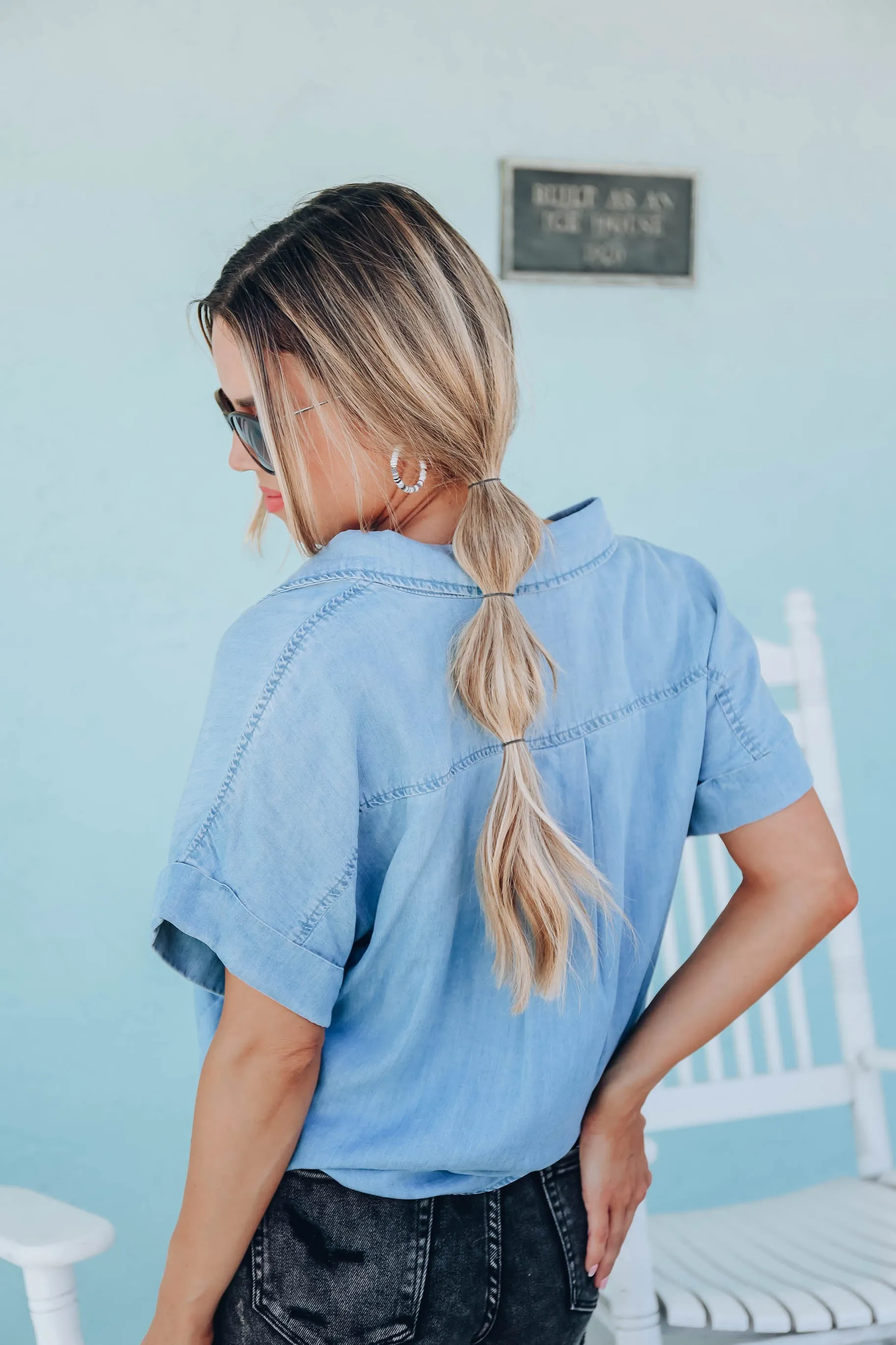 Chambray Twist Button Up Top