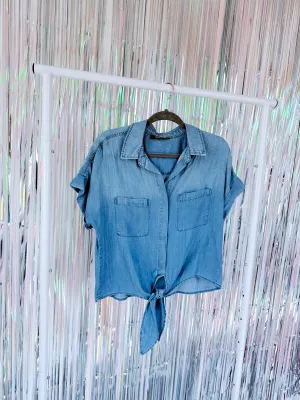 Chambray Twist Button Up Top