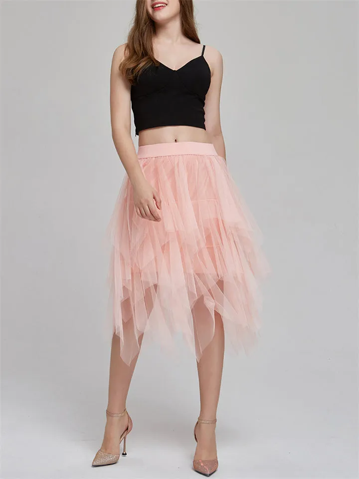 Chic Solid Elastic Waist Irregular Mesh Skirts For Women