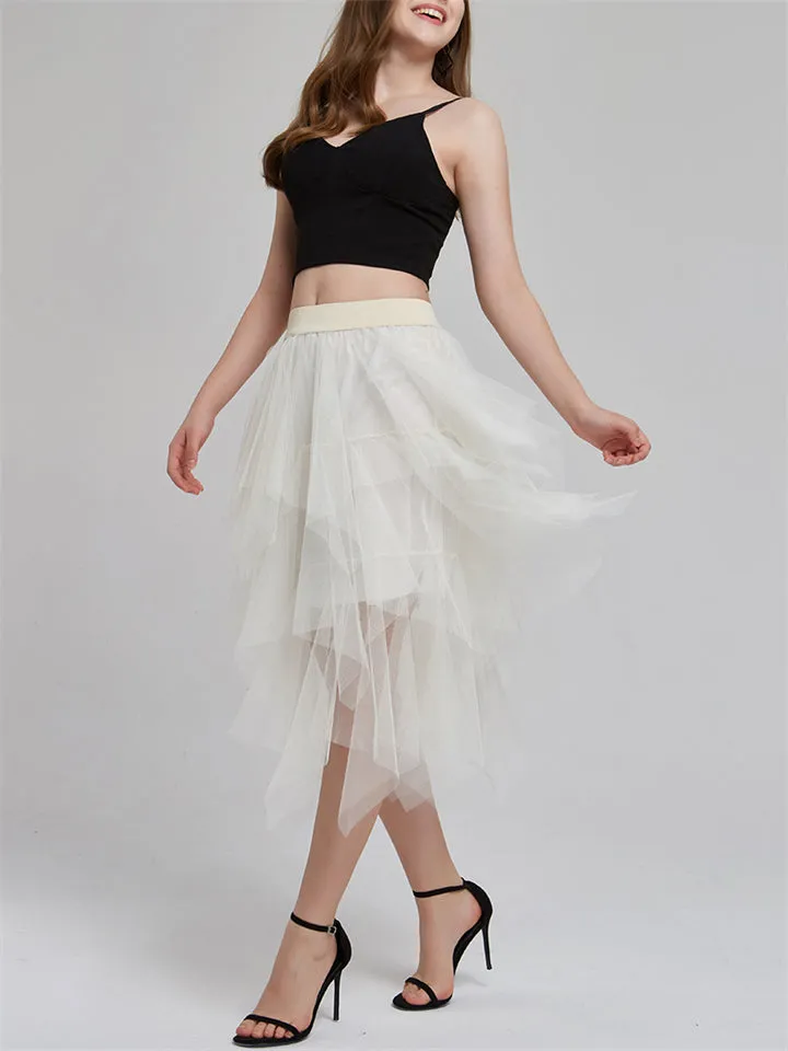 Chic Solid Elastic Waist Irregular Mesh Skirts For Women