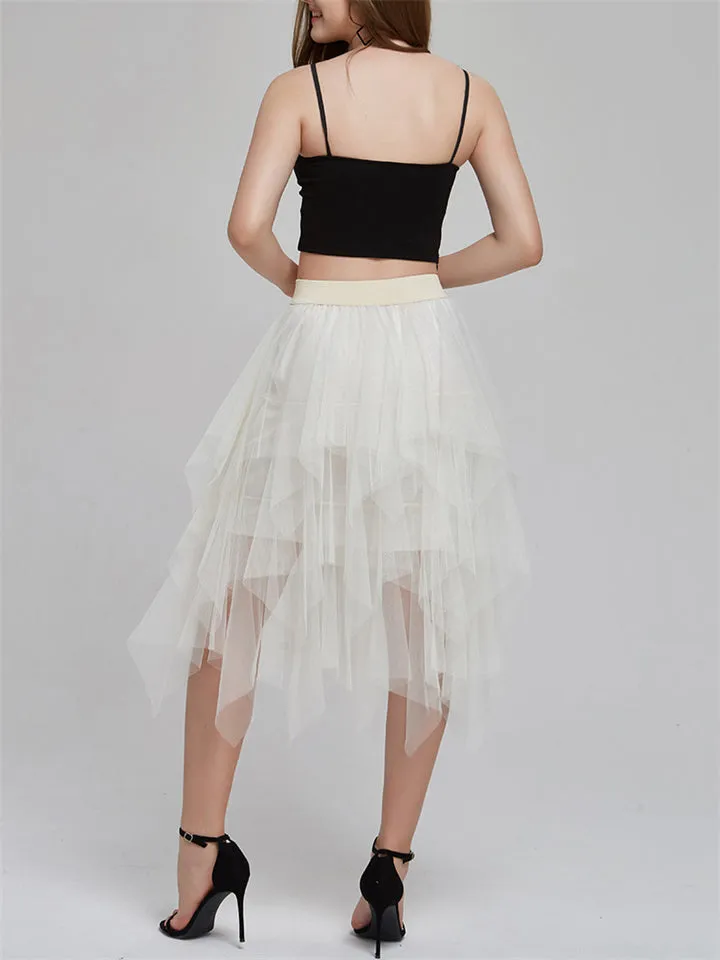 Chic Solid Elastic Waist Irregular Mesh Skirts For Women