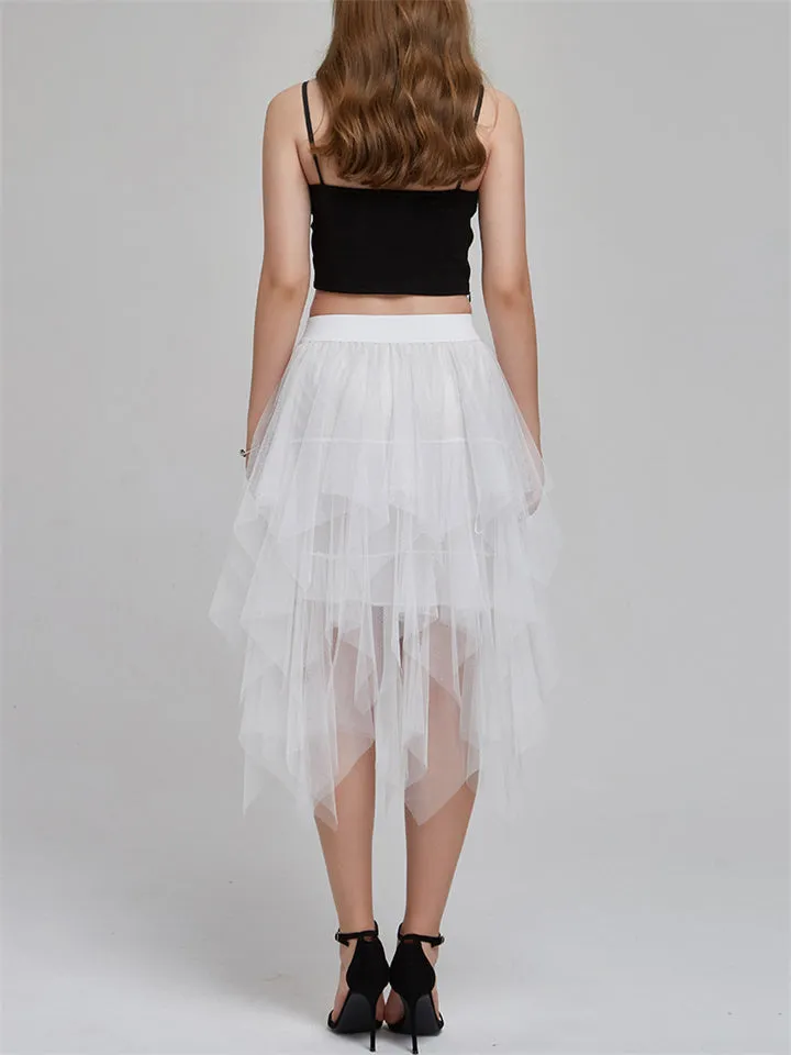 Chic Solid Elastic Waist Irregular Mesh Skirts For Women