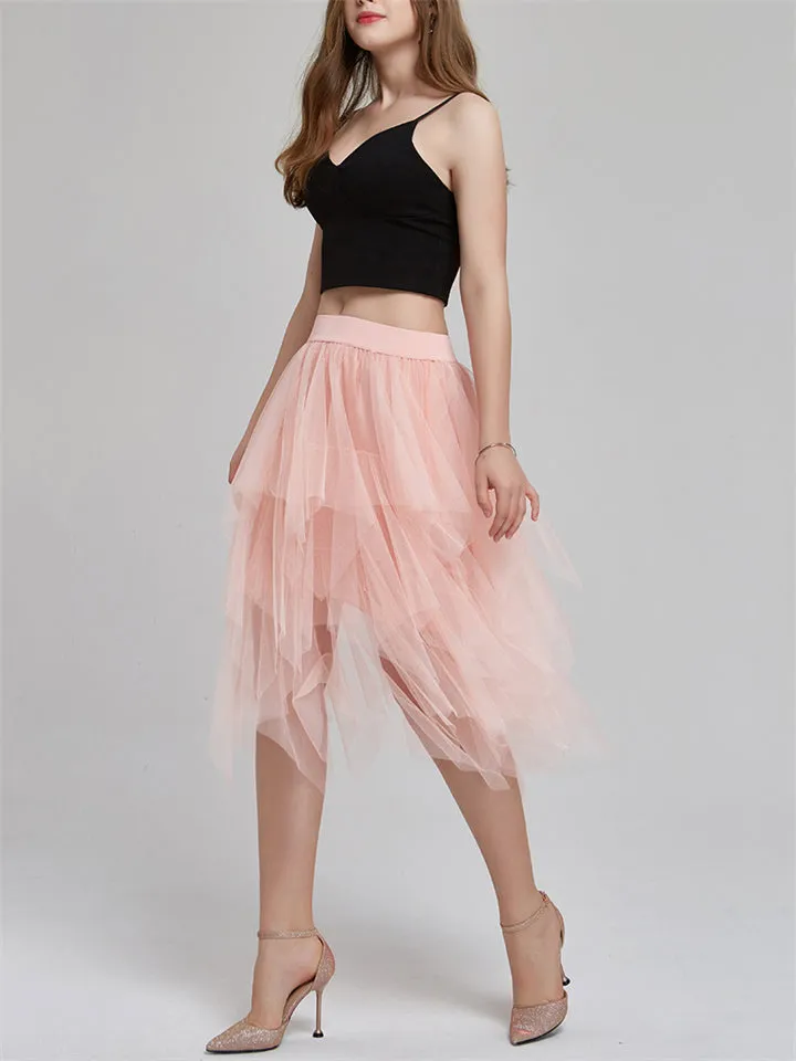 Chic Solid Elastic Waist Irregular Mesh Skirts For Women