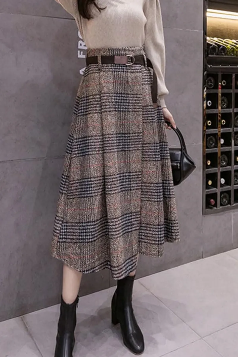 Chouyatou Women's Vintage Plaid Wool Blend Midi Skirt Houndstooth A Line Wool Long Skirt with Belt