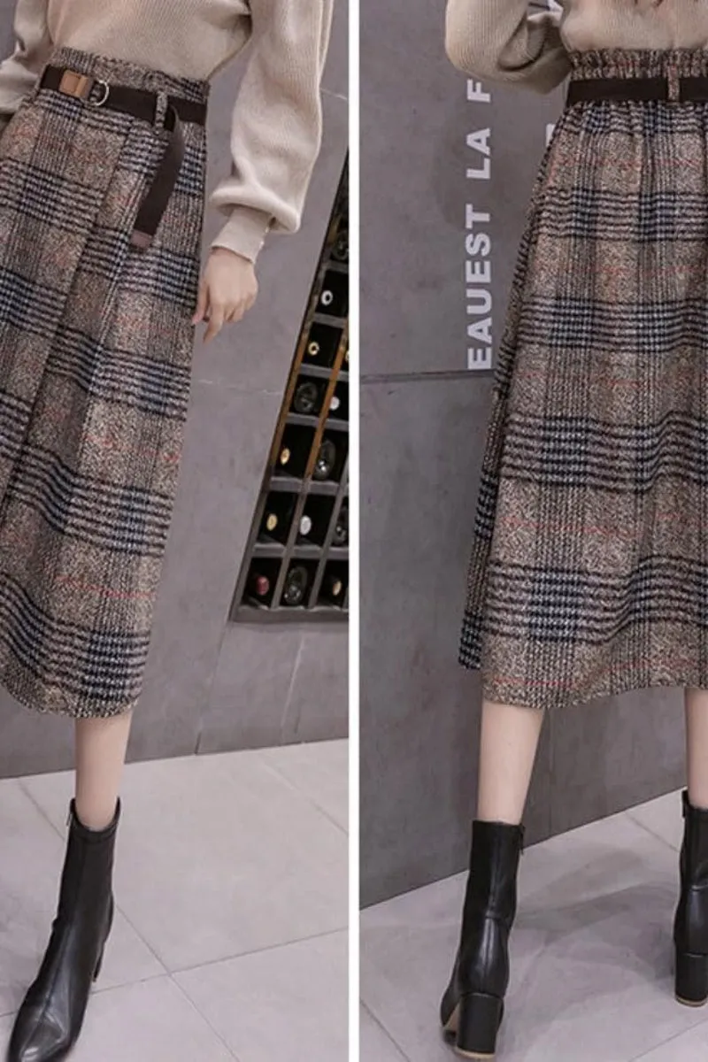Chouyatou Women's Vintage Plaid Wool Blend Midi Skirt Houndstooth A Line Wool Long Skirt with Belt