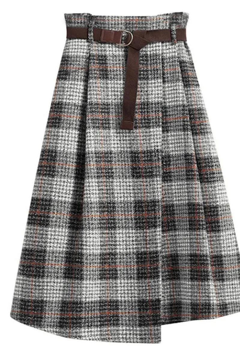Chouyatou Women's Vintage Plaid Wool Blend Midi Skirt Houndstooth A Line Wool Long Skirt with Belt