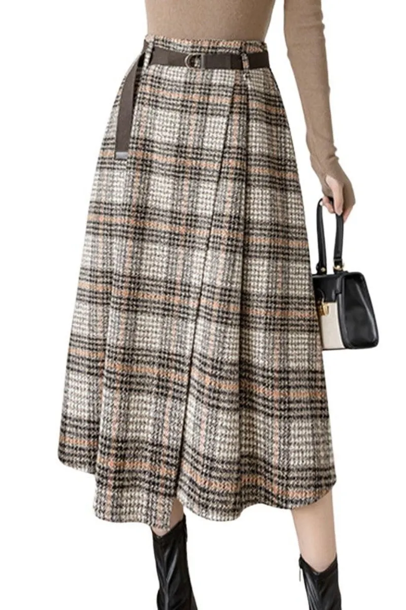Chouyatou Women's Vintage Plaid Wool Blend Midi Skirt Houndstooth A Line Wool Long Skirt with Belt