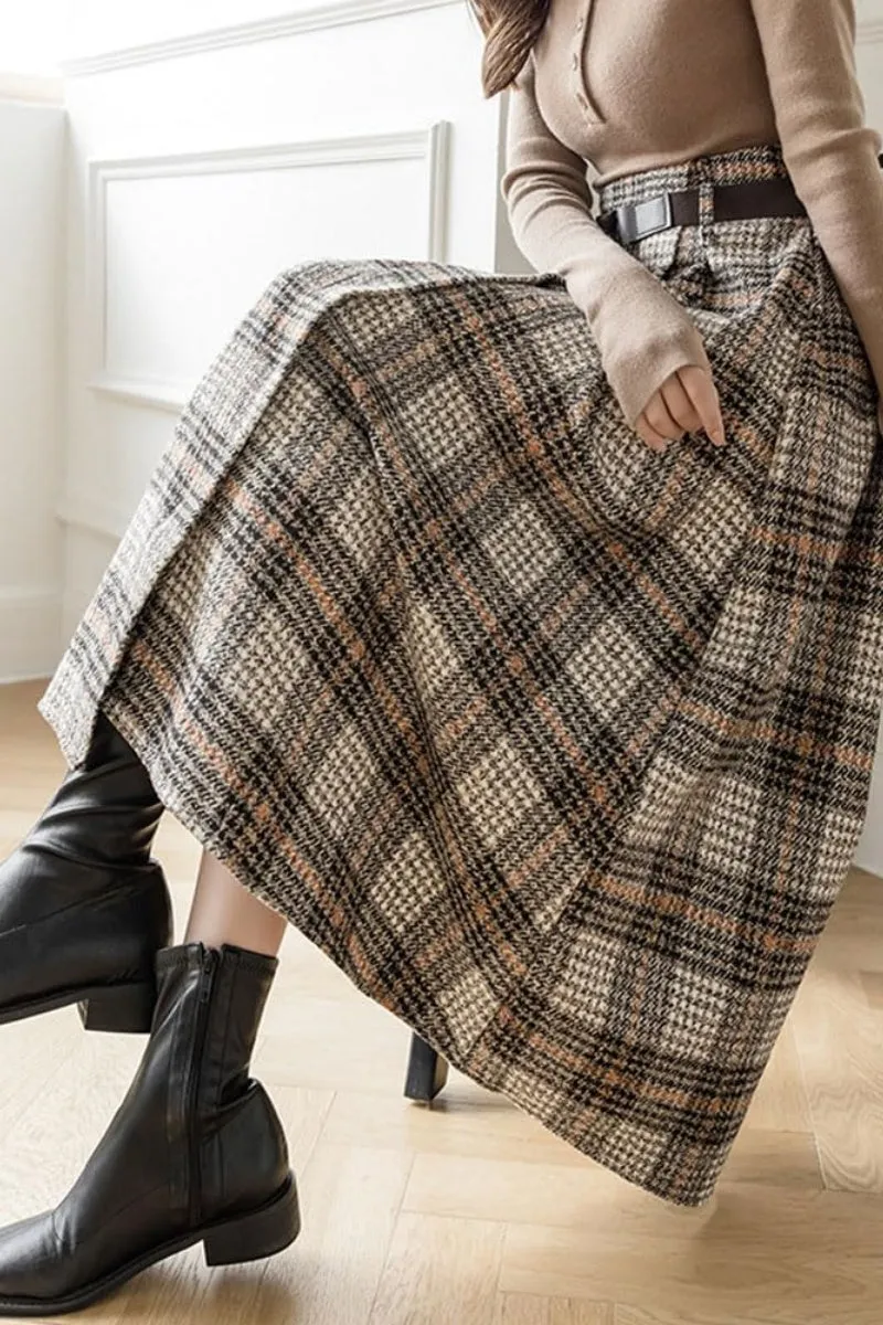 Chouyatou Women's Vintage Plaid Wool Blend Midi Skirt Houndstooth A Line Wool Long Skirt with Belt