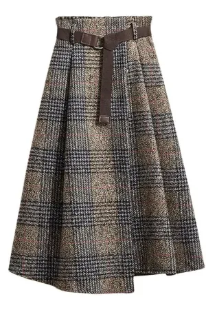 Chouyatou Women's Vintage Plaid Wool Blend Midi Skirt Houndstooth A Line Wool Long Skirt with Belt