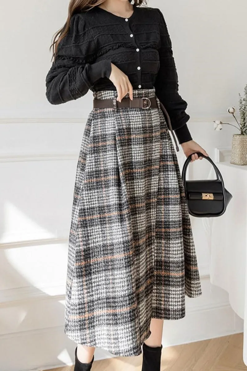 Chouyatou Women's Vintage Plaid Wool Blend Midi Skirt Houndstooth A Line Wool Long Skirt with Belt
