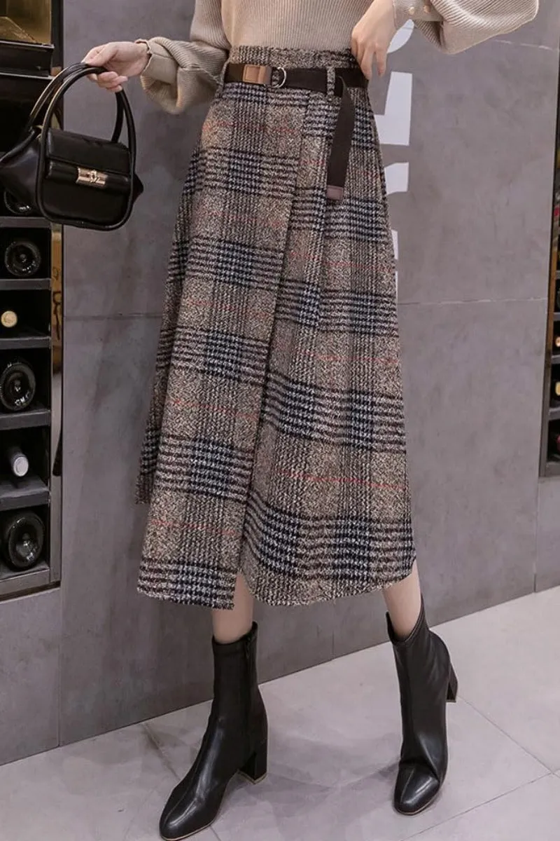 Chouyatou Women's Vintage Plaid Wool Blend Midi Skirt Houndstooth A Line Wool Long Skirt with Belt