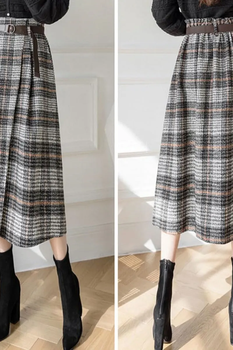 Chouyatou Women's Vintage Plaid Wool Blend Midi Skirt Houndstooth A Line Wool Long Skirt with Belt