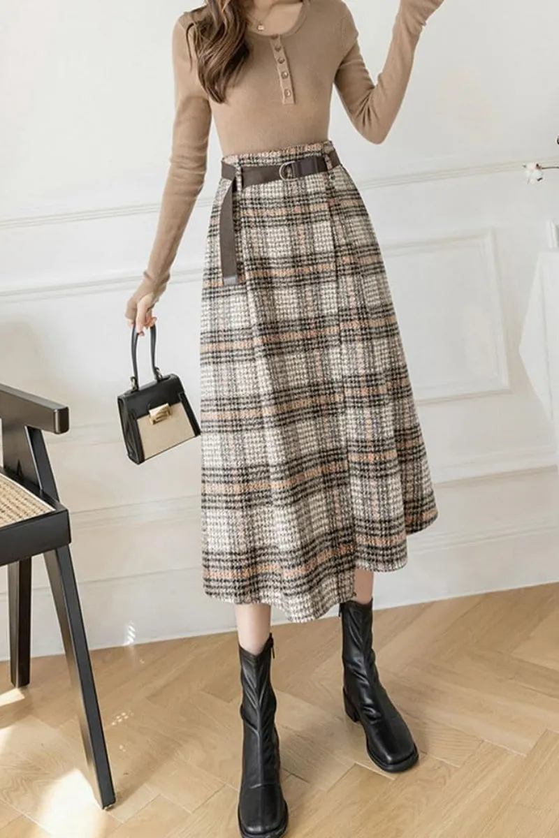 Chouyatou Women's Vintage Plaid Wool Blend Midi Skirt Houndstooth A Line Wool Long Skirt with Belt