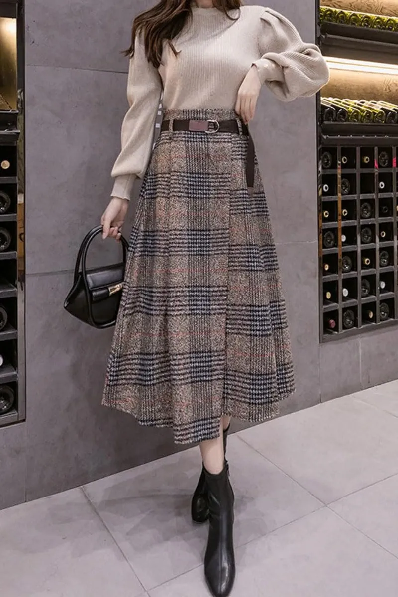 Chouyatou Women's Vintage Plaid Wool Blend Midi Skirt Houndstooth A Line Wool Long Skirt with Belt