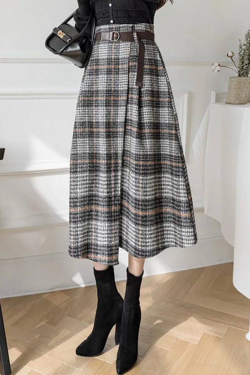 Chouyatou Women's Vintage Plaid Wool Blend Midi Skirt Houndstooth A Line Wool Long Skirt with Belt