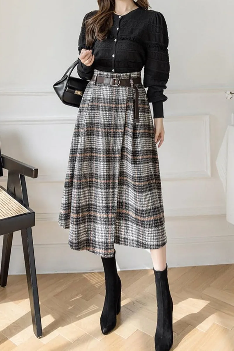 Chouyatou Women's Vintage Plaid Wool Blend Midi Skirt Houndstooth A Line Wool Long Skirt with Belt