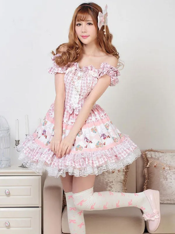 Classic Lolita OP Dress Printed Pink Lace Bows Lolita One Piece Dresses