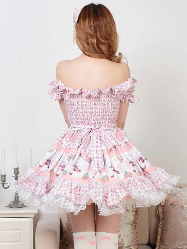 Classic Lolita OP Dress Printed Pink Lace Bows Lolita One Piece Dresses