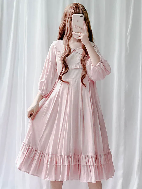 Classic Lolita OP Dress Ruffle Frill Pleated Cotton Pink Lolita One Piece Dress