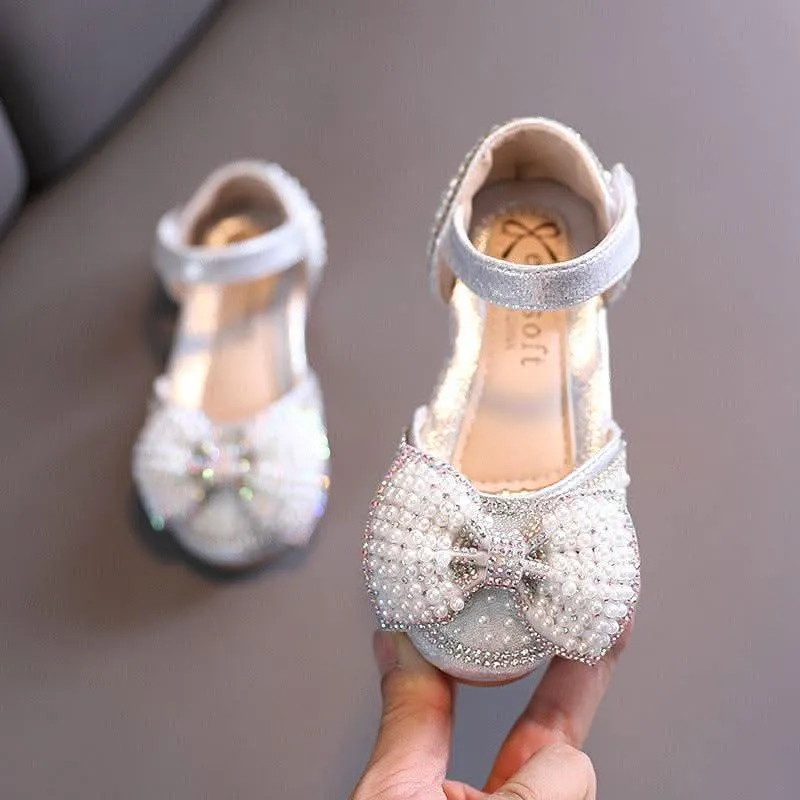 Classic Pearl Bow Design for Little Girls Elegant Beaded Adorable Girl's Shoes Shiny and Comfortable All-Match Shoes for Girls