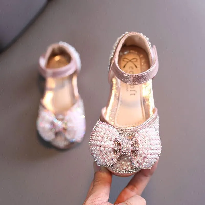Classic Pearl Bow Design for Little Girls Elegant Beaded Adorable Girl's Shoes Shiny and Comfortable All-Match Shoes for Girls