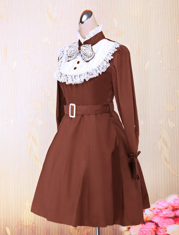 Coffee Cotton Stand Collar Long Sleeves Classic Lolita Dress