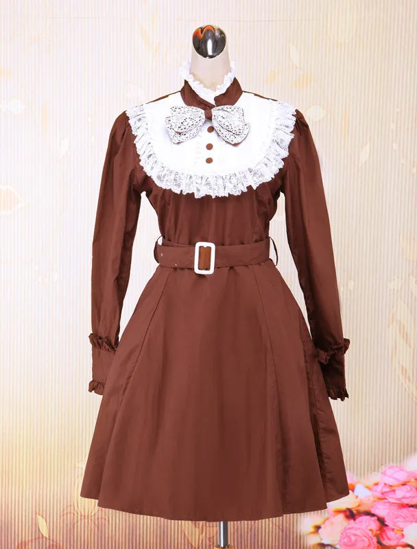 Coffee Cotton Stand Collar Long Sleeves Classic Lolita Dress