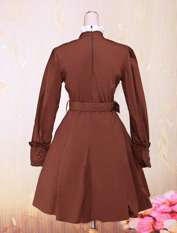 Coffee Cotton Stand Collar Long Sleeves Classic Lolita Dress